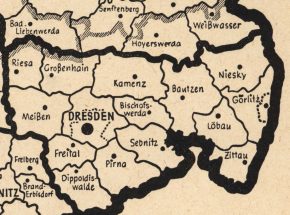 Landkarte mit Gliederung der DDR, 1952 (Ausschnitt); Historisches Archiv des Ostdeutschen SparkassenverbandesDie meisten Vorgängersparkassen lagen im Bezirk Dresden. Die Kreissparkasse Weißwasser war im Bezirk Cottbus.